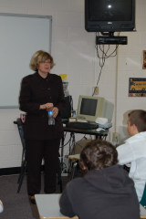 Justice Kapsner visits with eighth and eleventh grade students.