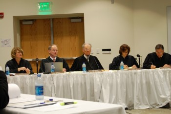 The North Dakota Supreme Court Justices listen intently to the arguments.