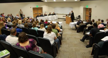 A large crowd filled the temporary courtroom