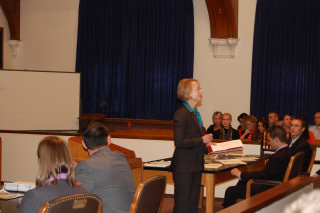 Law School Dean Kathryn Rand welcomes the Court and students to the law school and the Moot Court Finals.
