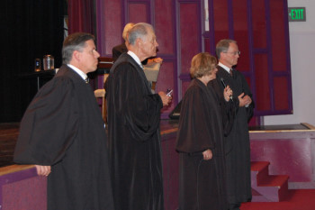 Members of the Supreme Court answer questions from the audience after the hearing.