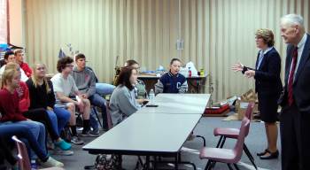 � Justice McEvers and Chief Justice VandeWalle team up to talk with students.