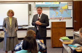 Justice Carol Kapsner and Justice Dan Crothers speak with high school students in Enderlin.