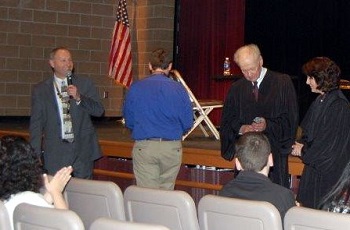 After arguments, Principal Todd Bertsch thanks the justices for their visit.