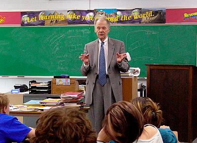 Chief Justice Gerald VandeWalle addressed a classroom full of students