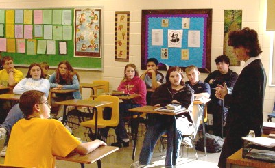 Justice Maring talks to juniors and seniors about the differences between the North Dakota Supreme Court and the United States Supreme Court.