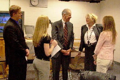Chief Justice Gerald VandeWalle is welcomed to Hatton-Northwood by attorney Jonal Uglem and students Ryan Korsmo, Beth Sagerholm and Andrea Uglem