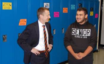 Justice  Jon Jensen enjoyed a laugh while conversing with the students.