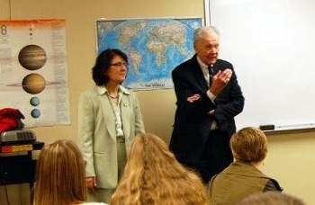 Chief Justice Gerald VandeWalle and Justice Lisa Fair McEvers explain the Court to Lisbon students.