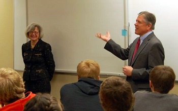 Justice Dan Crothers and Justice Carol Kapsner chat with a class of Lisbon students.