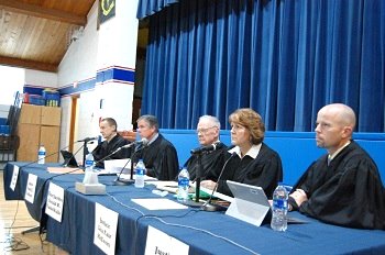 The Court listens to arguments in State v.  Sheperd in the school gymnasium.