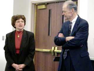 Justice Carol Kapsner and Chief Justice Gerald VandeWalle discuss plans for the Supreme Court's day at Minot State University