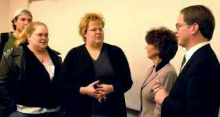 Justices Mary Maring and Dale Sandstrom meet with Minot State students and staff