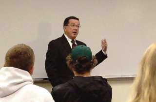 Justice William Neumann speaks to an NDSU class during the Supreme Court's Oct. 13 visit