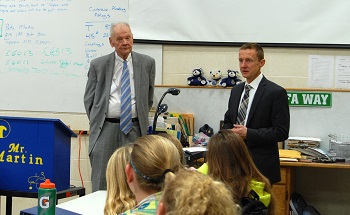 Chief Justice Gerald VandeWalle and Justice Jon Jensen talked about the role of the Supreme Court with students.