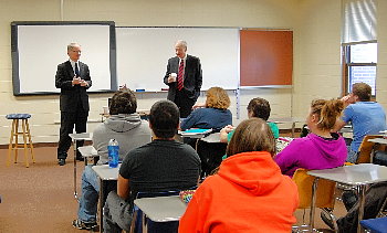 Justice Dale Sandstrom and Chief Justice Gerald VandeWalle met with high school students in Trenton.