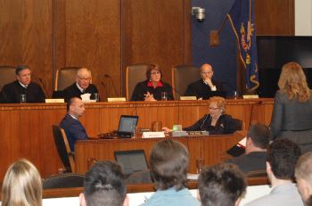 The Court listens to  arguments in the Baker Courtroom at the UND School of Law.