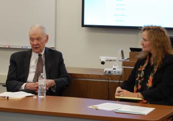 Chief Justice  VandeWalle visits with students in the Gender & the Law course and  discusses changes in the law.