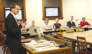 Justice Dale Sandstrom talked to a law school class after the oral argument
