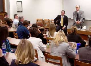 Justice Neumann and Chief Justice VandeWalle meet with a law school class