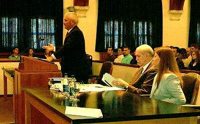 Attorney Steven Mottinger argues for the defendant in State v. Jacob while attorney Mark Boening prepares to respond