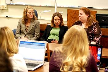 Supreme Court law clerks Elizabeth Pendlay, Ashley Samuelson and Kirsten Franzen speak to law students about the clerkship experience