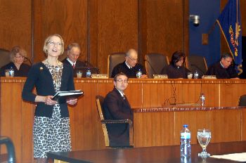 UND School of Law Dean Kathryn Rand introduces the Court prior to the Moot Court competition finals.