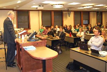 Chief Justice Gerald VandeWalle speaks to a class of students at the University of North Dakota School of Law on Oct. 30.