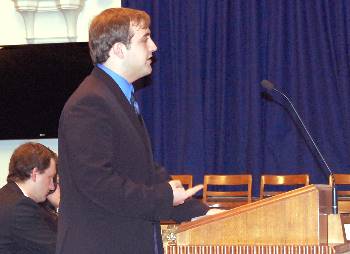 Kyle Craig argues for the respondent in the Moot Court finals Oct. 30