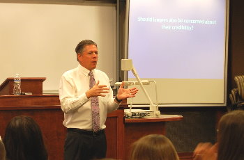 Justice Dan Crothers speaks to a class of students at the University of North Dakota School of Law about lawyer cordiality during the Court's annual visit.