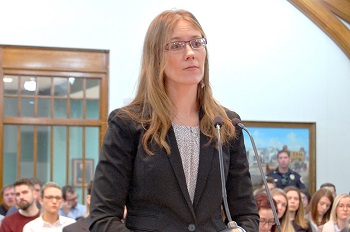 Appellee attorney Amy Clark listened to a question during the Owego Township v. Pfingsten arguments.