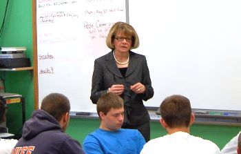 Justice Carol Kapsner visited with high school students in Underwood.