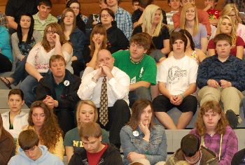 Students and teachers from Underwood, Garrison, McClusky, Washburn, and Wilton listen to the argument.