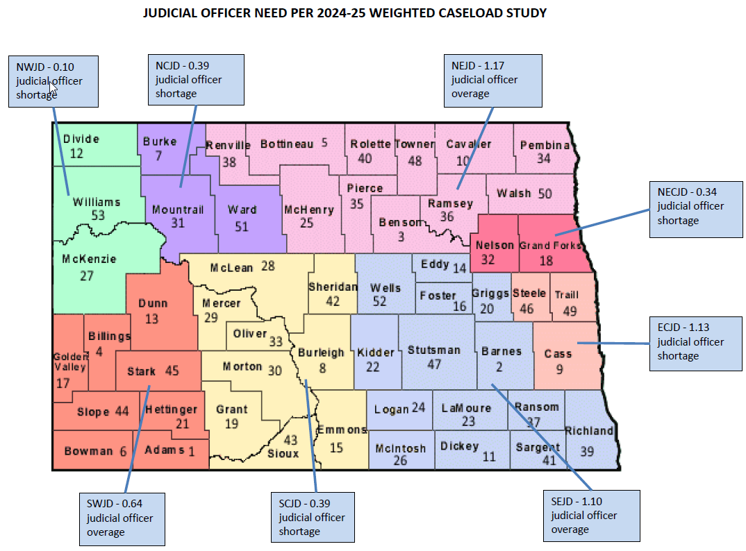 Map of JUDICIAL OFFICER NEED PER 2024-25 WEIGHTED CASELOAD STUDY
NECJD