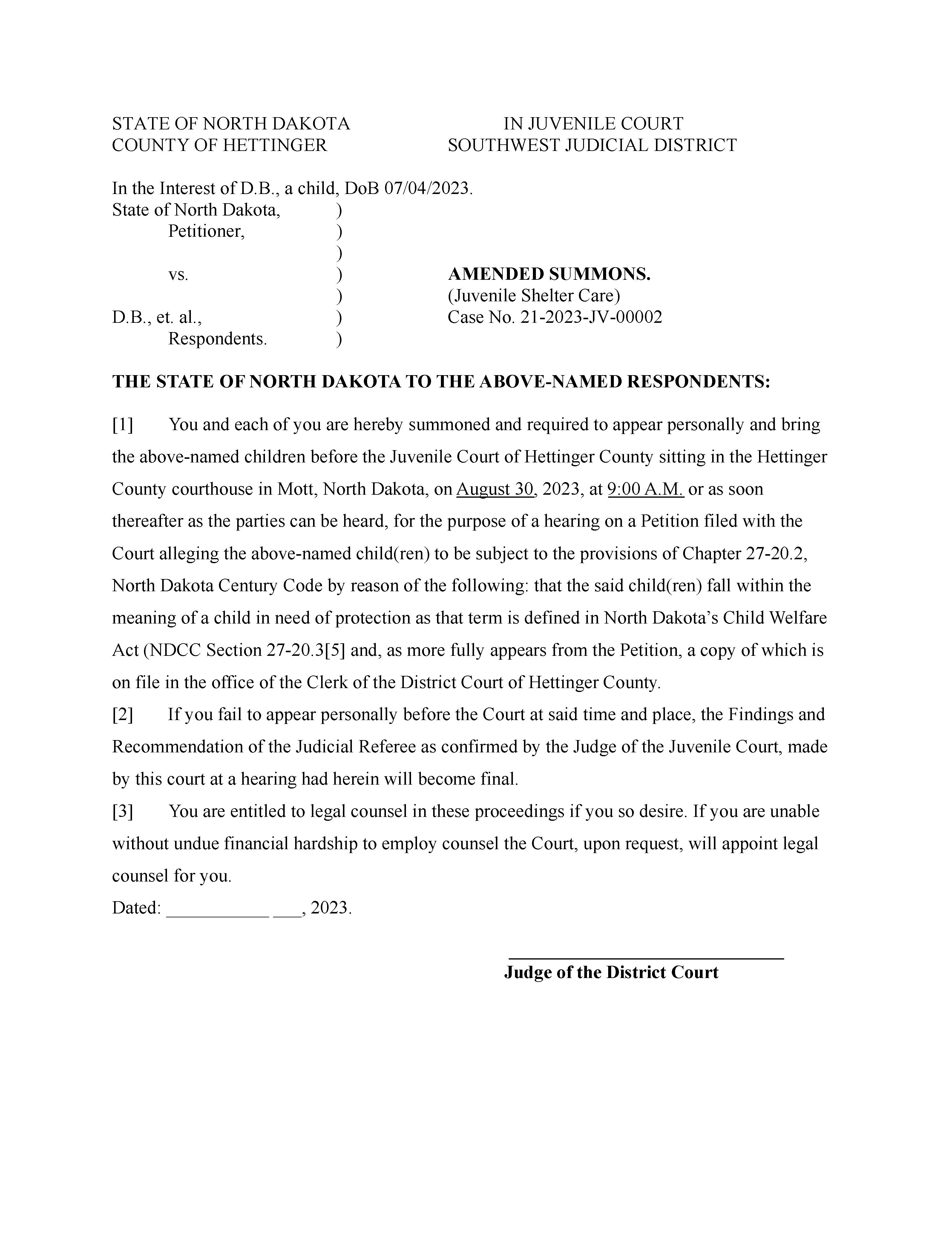 North Dakota Court System Notice to Absent Party Hettinger County