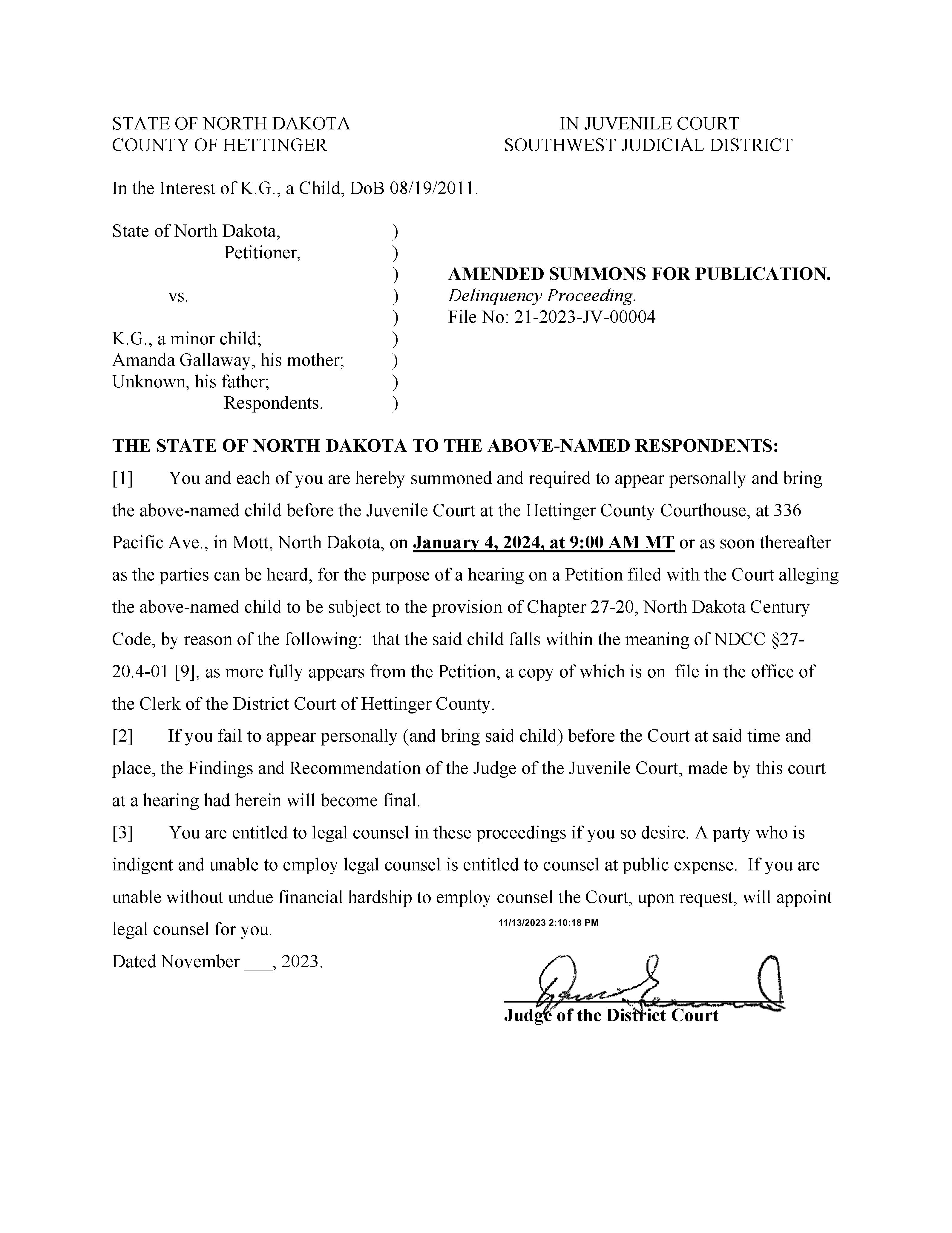 North Dakota Court System Notice to Absent Party Hettinger County