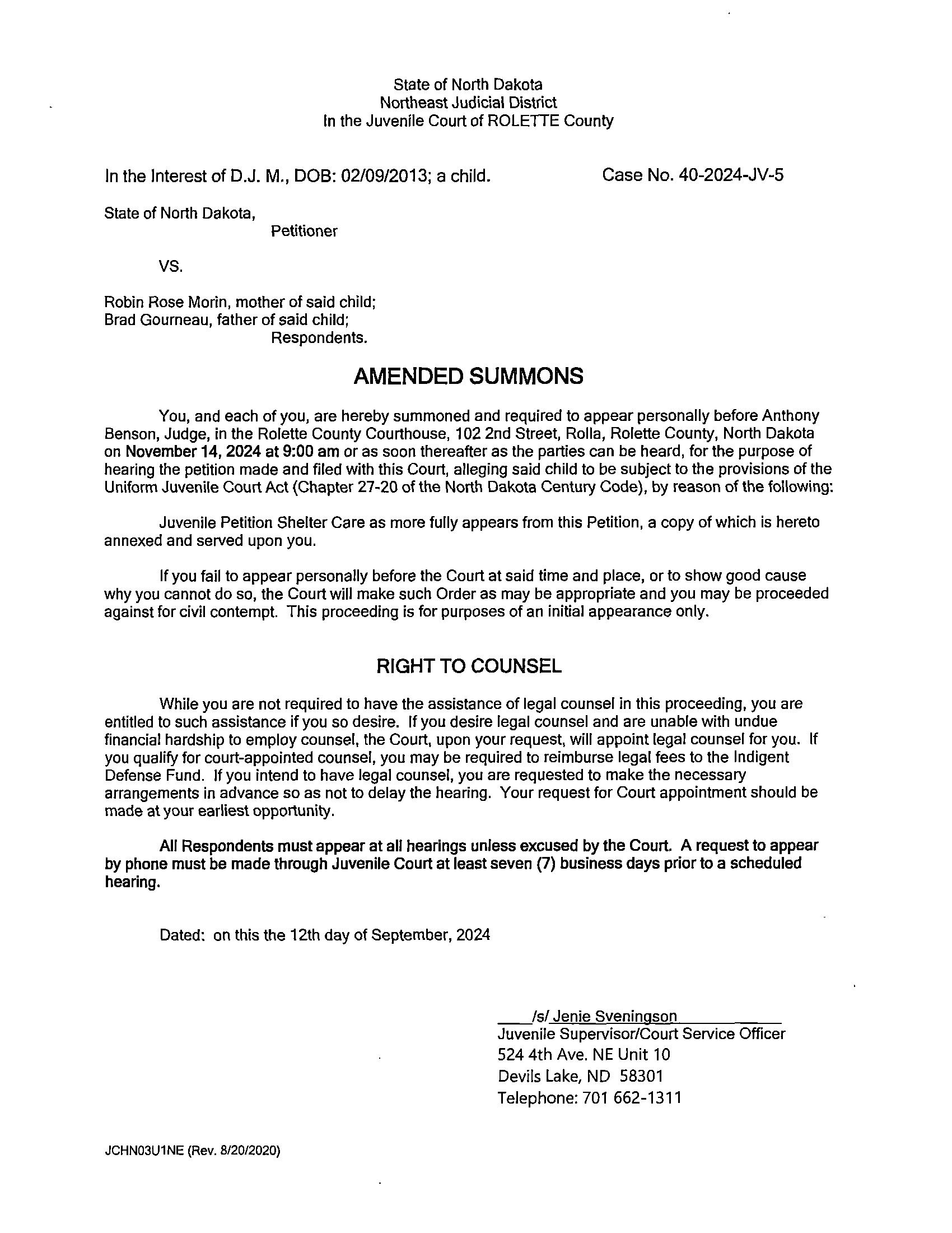 North Dakota Court System Notice to Absent Party Rolette County