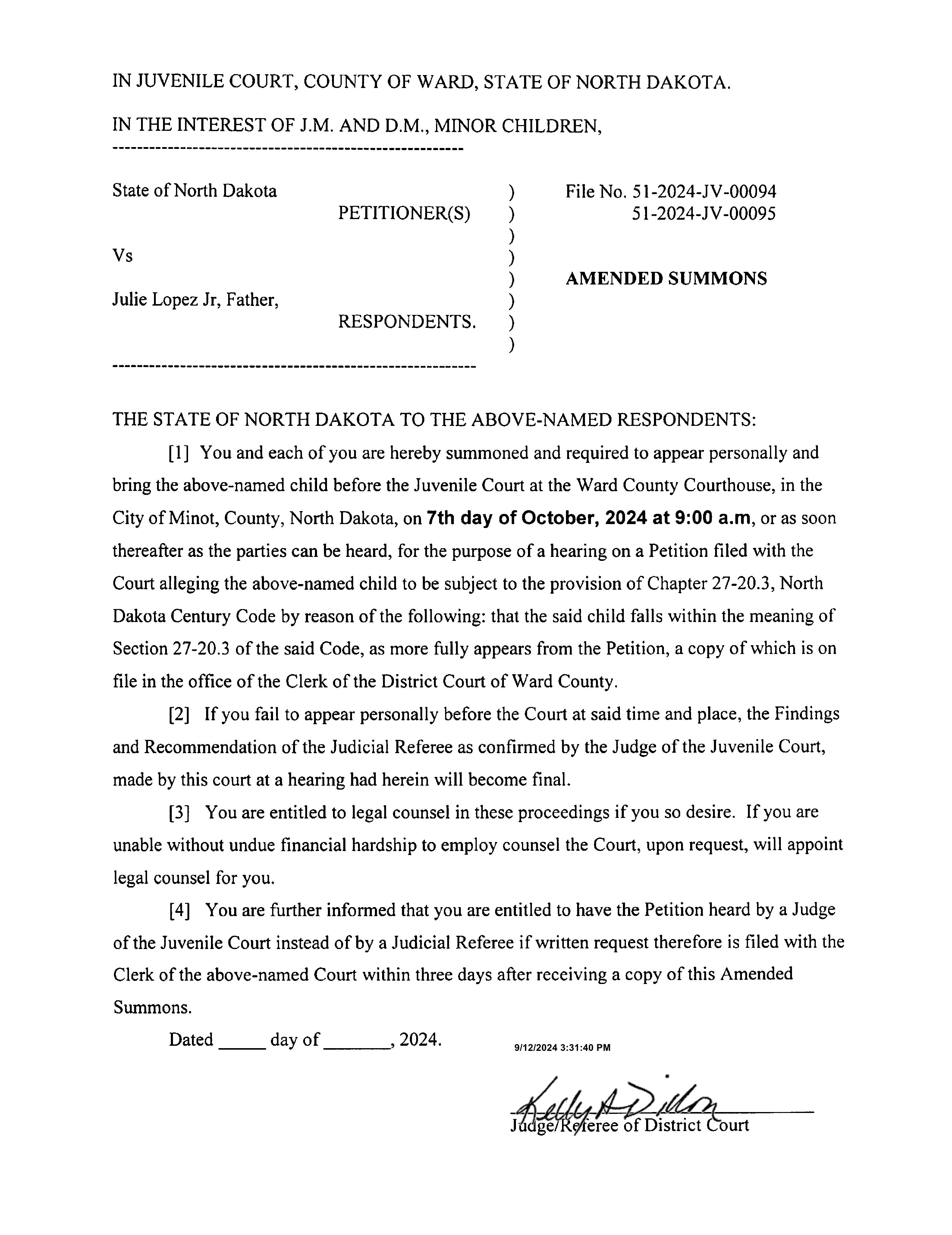 North Dakota Court System Notice to Absent Party Ward County