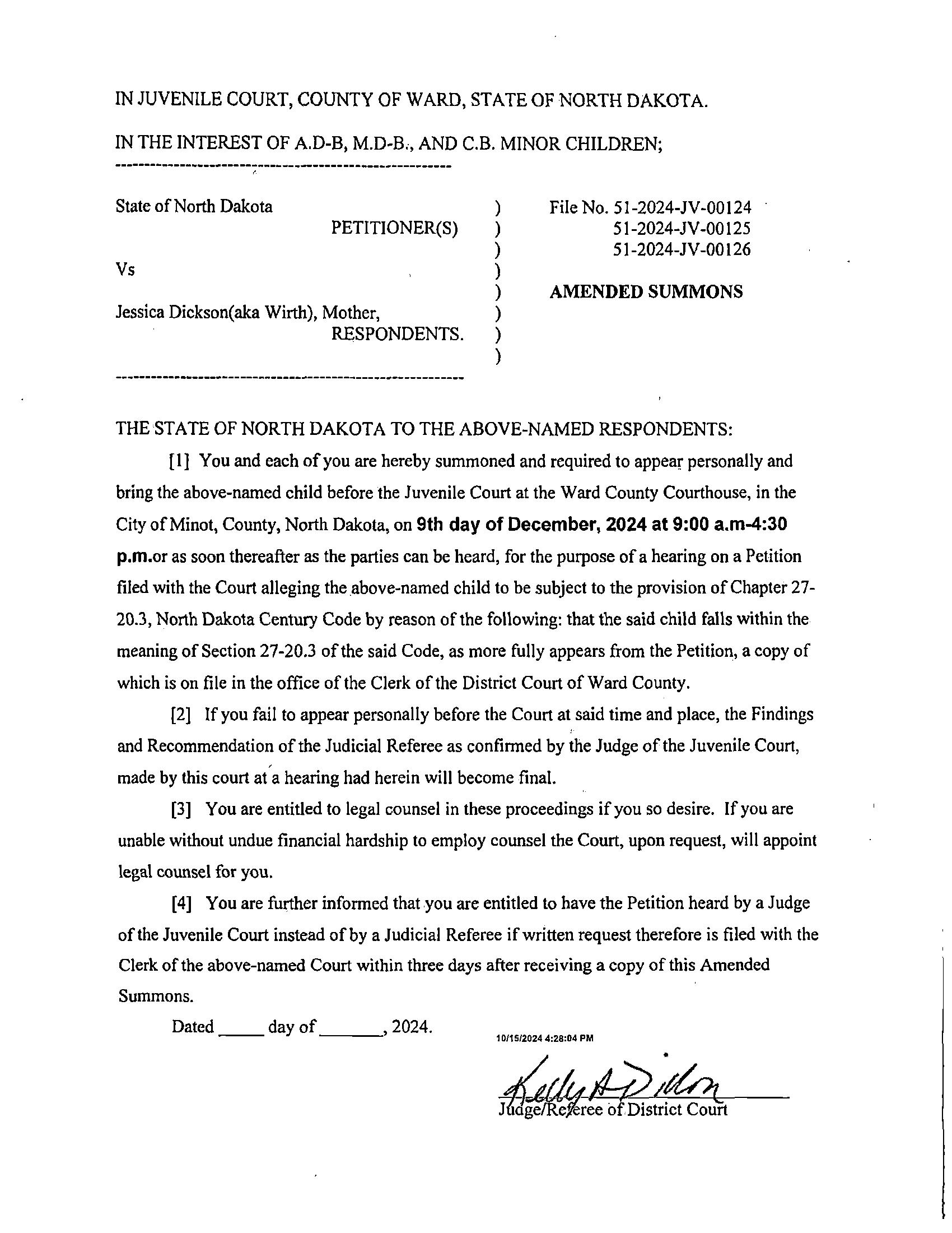 North Dakota Court System Notice to Absent Party Ward County