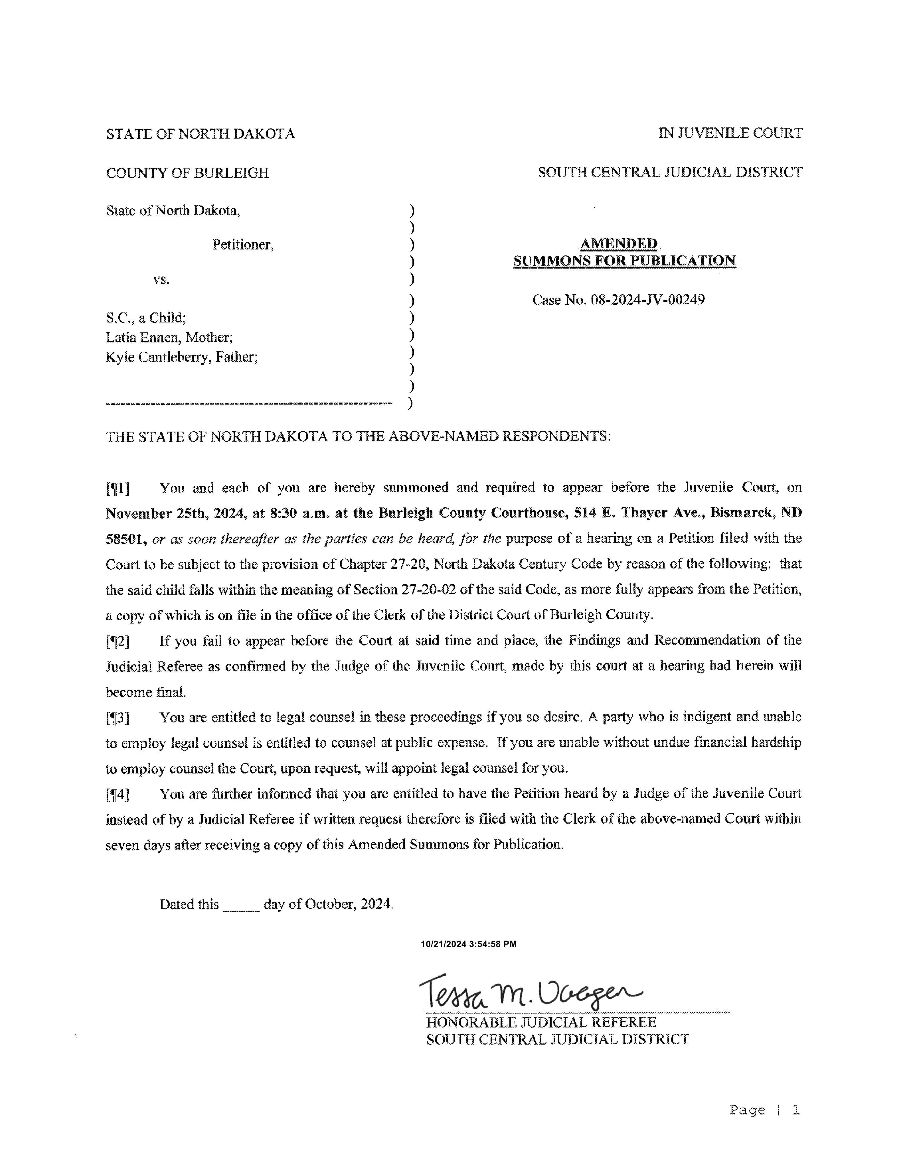 North Dakota Court System Notice to Absent Party Burleigh County