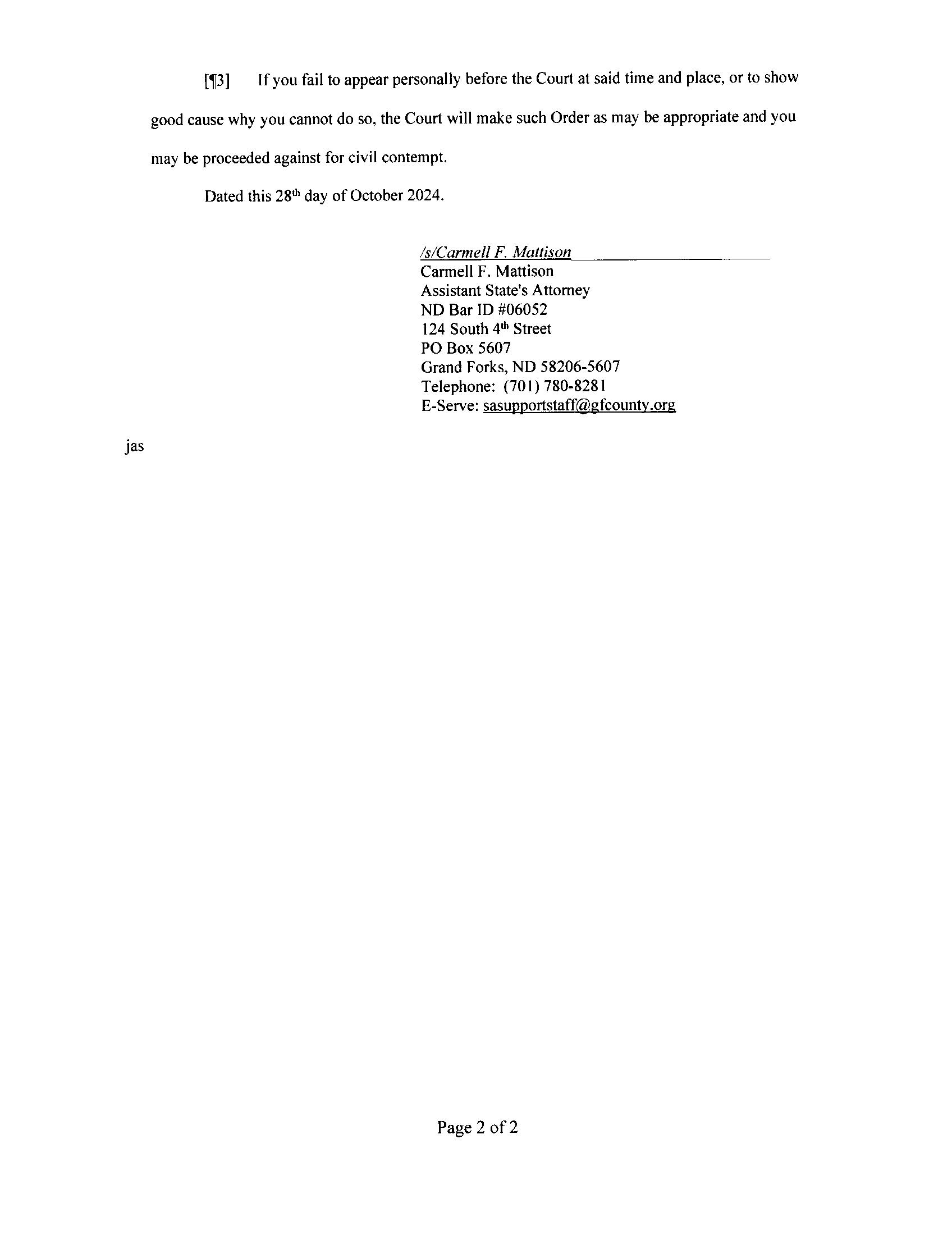 North Dakota Court System Notice to Absent Party Grand Forks County