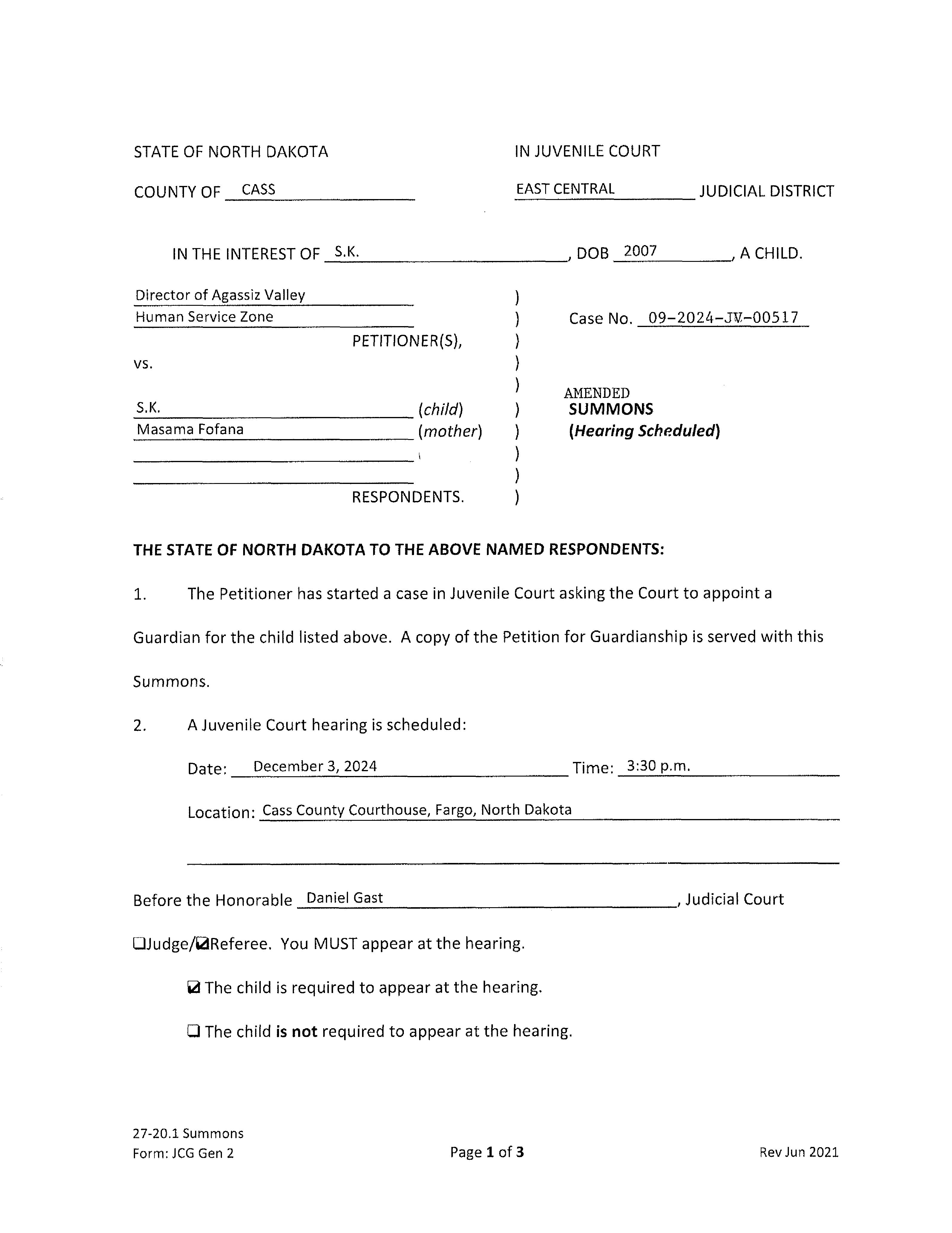 North Dakota Court System Notice to Absent Party Cass County