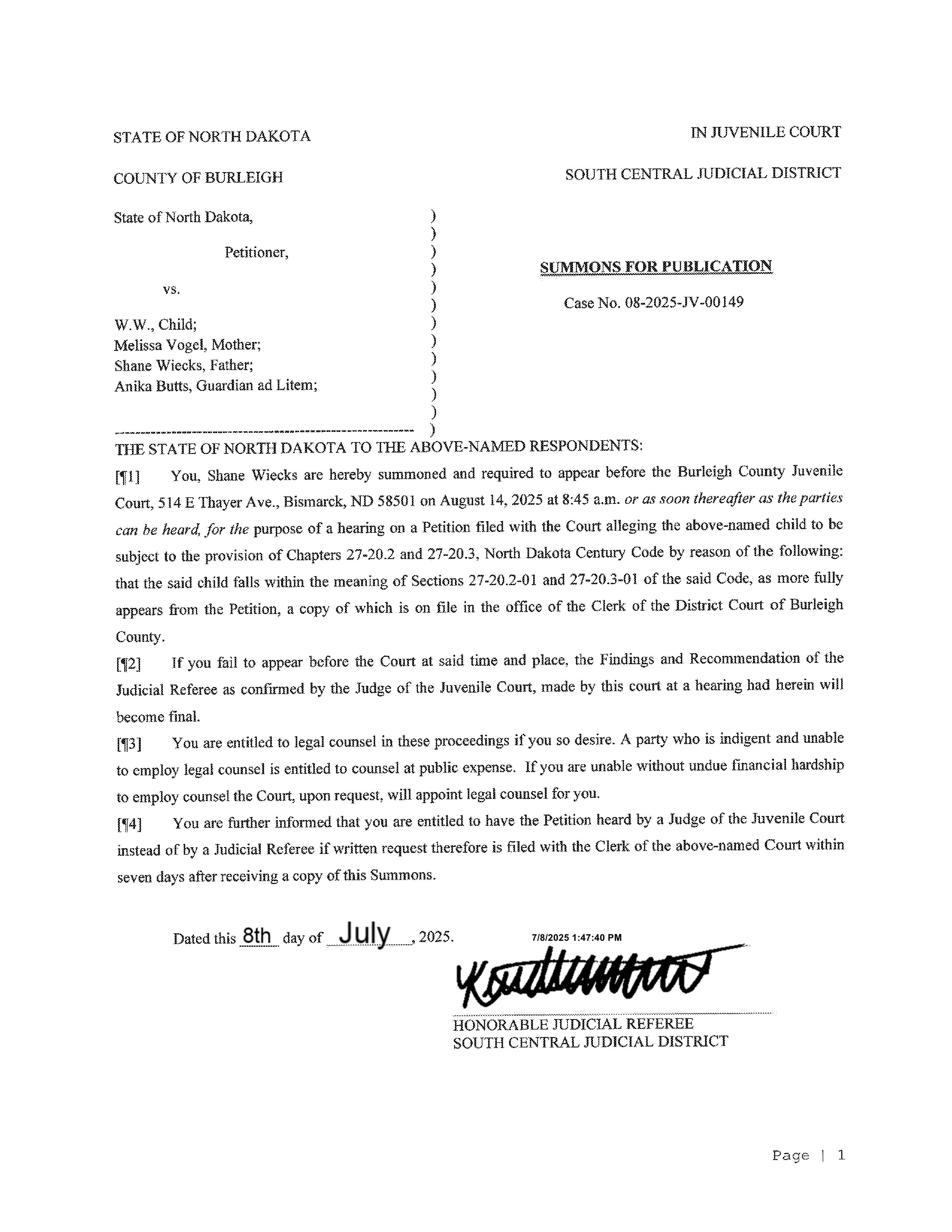 North Dakota Court System Notice to Absent Party Burleigh County